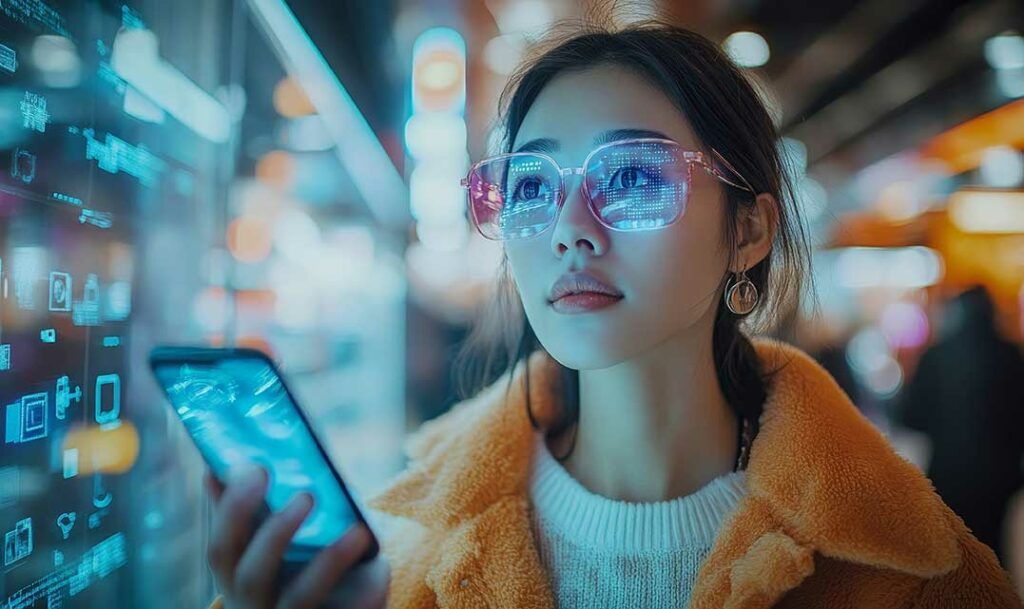 Femme interagissant avec un contenu interactif type quiz ou sondage sur smartphone, dans un environnement numérique immersif