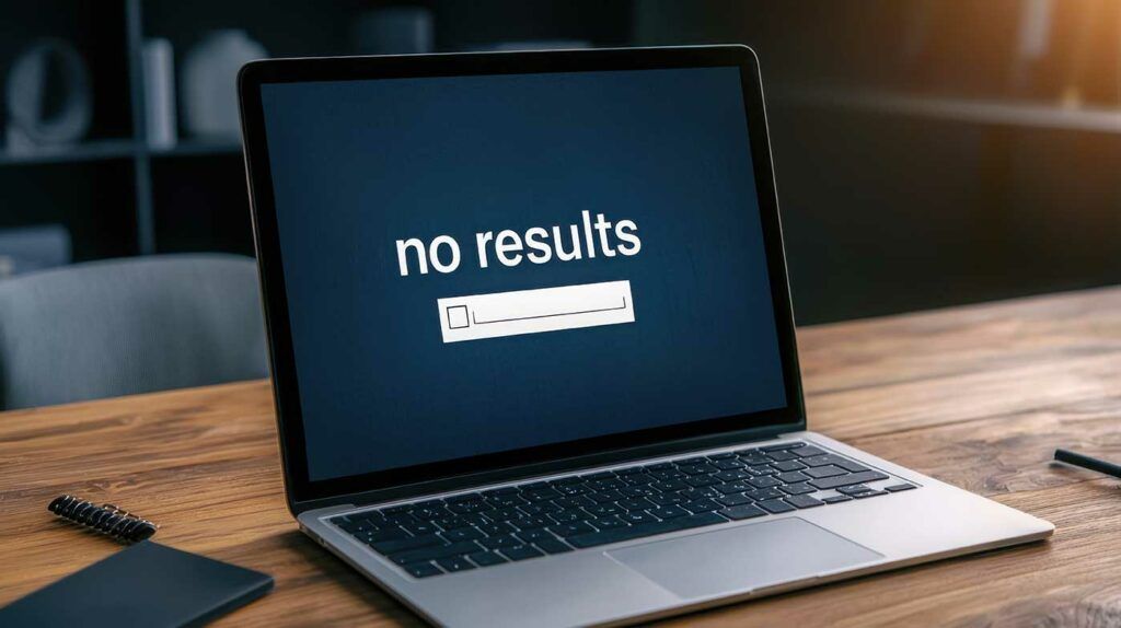 Écran d'ordinateur affichant “no results”, symbolisant l'absence d'une marque dans les réponses générées par l'intelligence artificielle