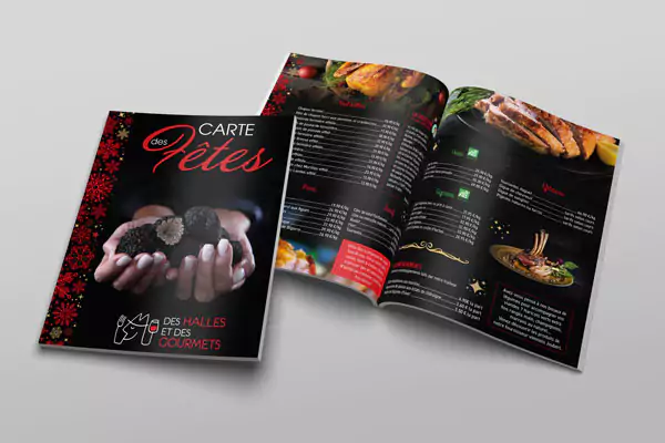 carte-des-fetes-halles-gourmandes Carte des fêtes imprimée des Halles et des Gourmets, avec menus gastronomiques pour Noël